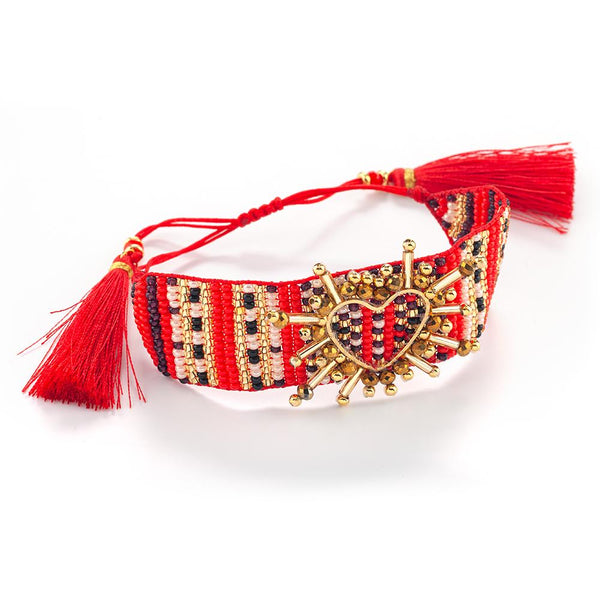Pulsera tejida roja corazón